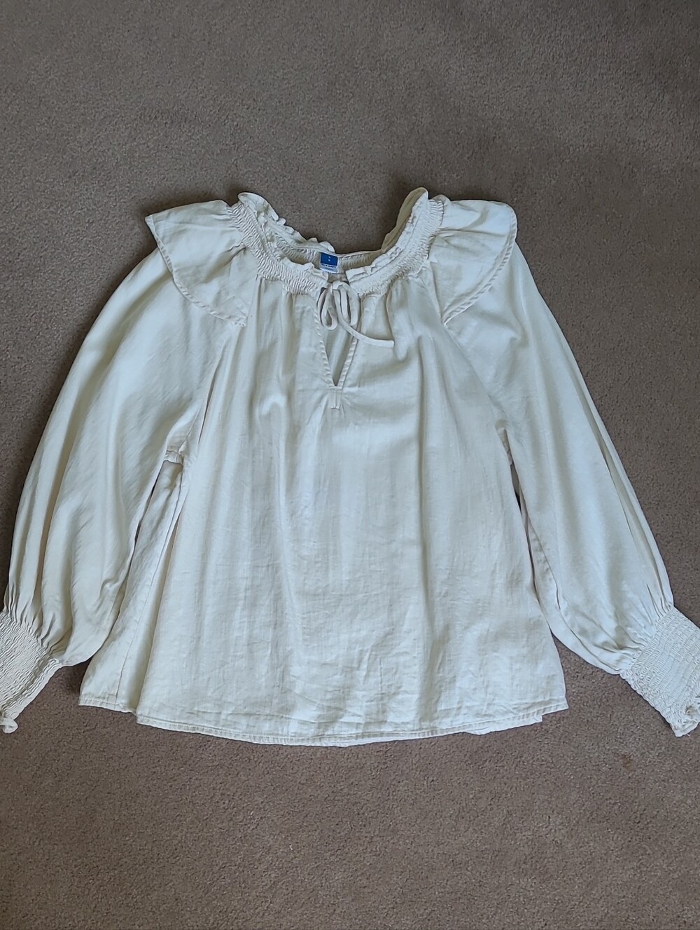Old Navy Cream Peasant Blouse with Smocked Neckline and Tie
